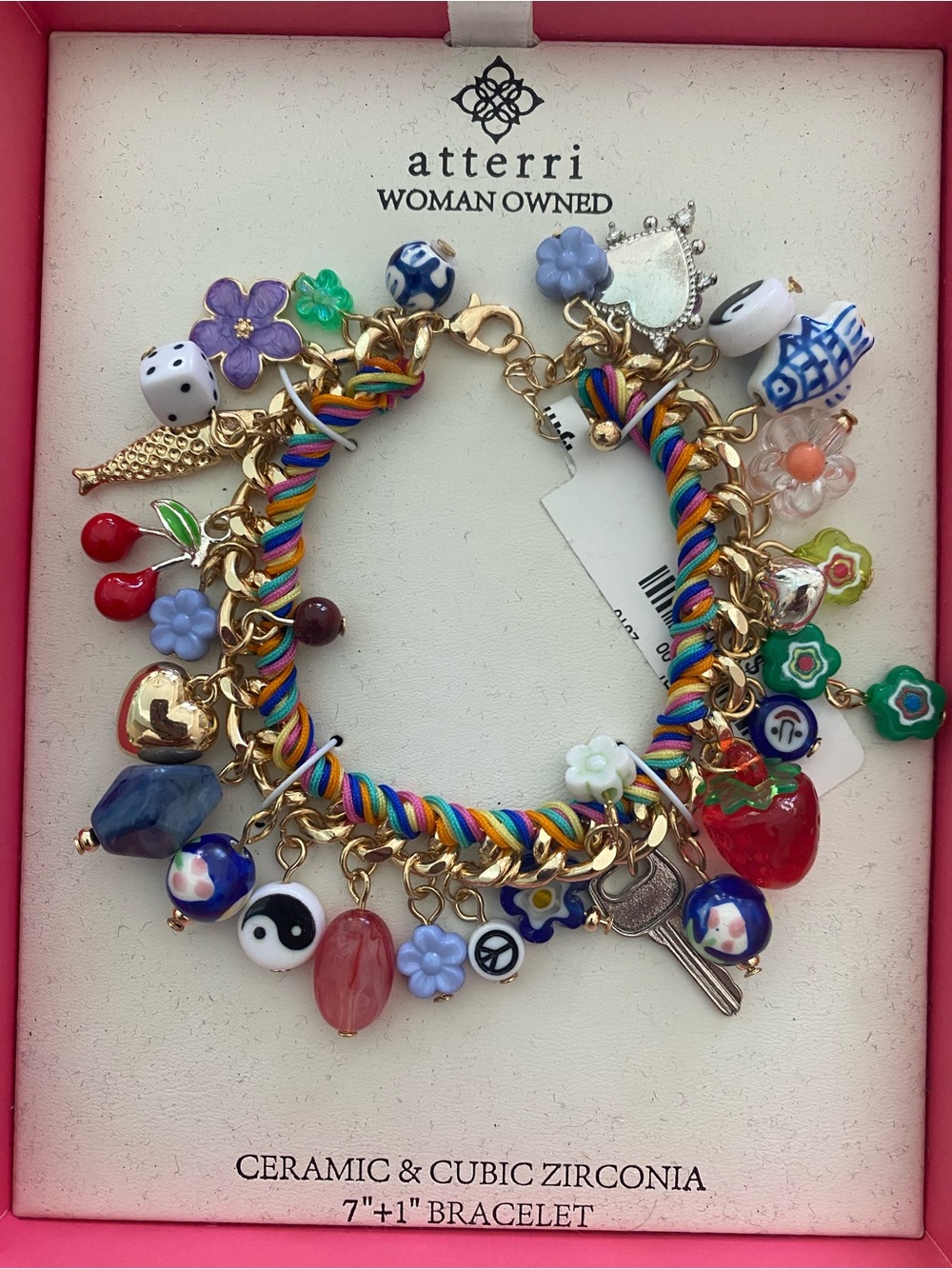 Atterri Multicolor Charm Bracelet with Rainbow Cord and Gold Chain